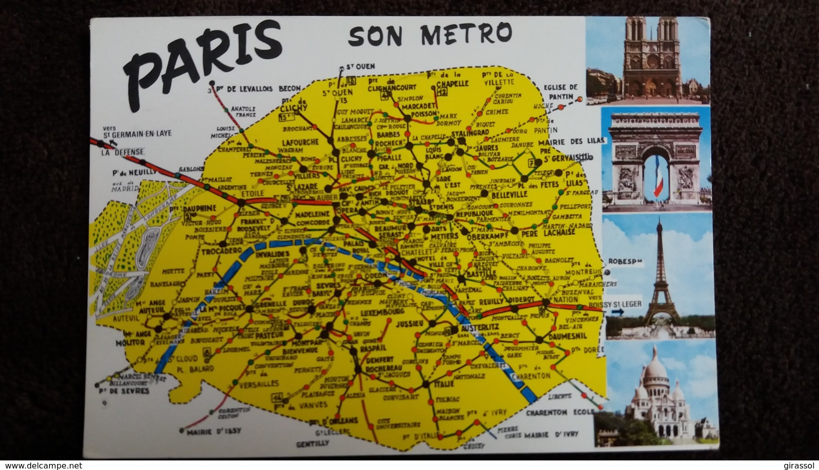 CPSM DEPARTEMENT DE LA SEINE PARIS 75 ET SON METRO  CONTOUR GEOGRAPHIQUE  ED CIM FOND JAUNE 1970 POSTEE 90 - Cartes Géographiques