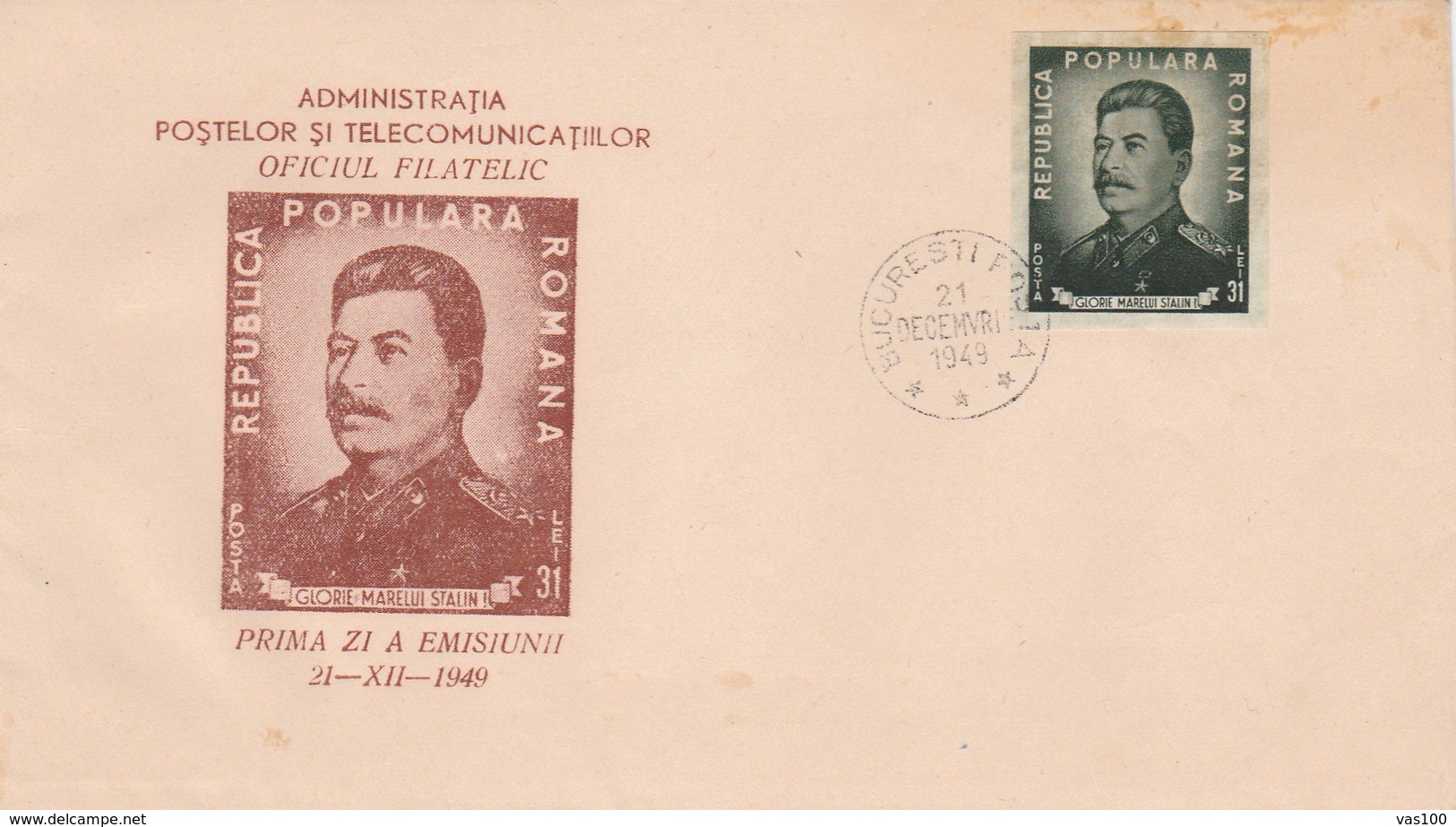 BV6785  STALIN LEADER COMMUNIST,1949, COVER FDC ROMANIA. - FDC