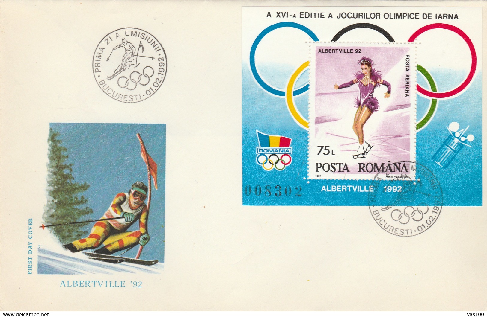 T438  PATINAGE,SKI,OLYMPIC GAMES ALBERTVILLE COVER FDC 1992 ROMANIA. - Winter 1992: Albertville