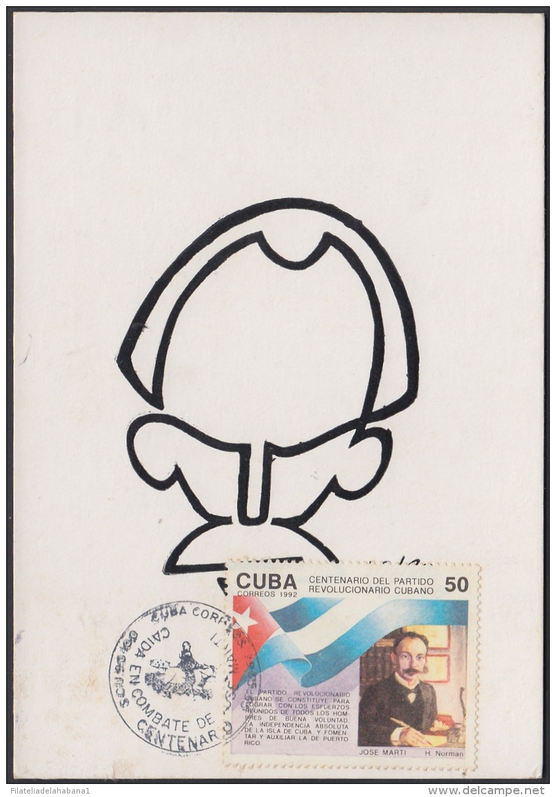 TMA-112 CUBA MAXIM CARD 1995. SANTIAGO DE CUBA. CENTENARIO DE LA MUERTE DE JOSE MARTI. CARICATURA BLANCO. - Maximum Cards