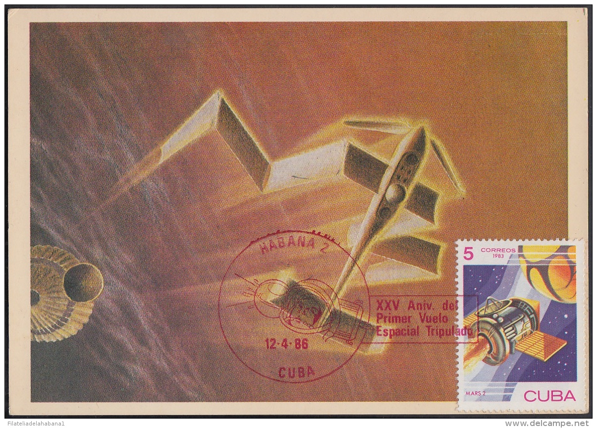 TMA-134 CUBA MAXIM CARD 1986. HABANA. 25 ANIV PRIMER VUELO TRIPULADO AL COSMOS. ASTRONAUTICA. - Maximum Cards