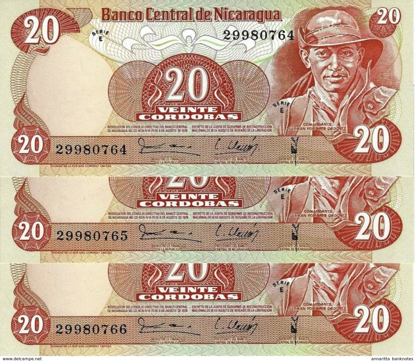 Nicaragua 20 Córdobas 1979, UNC, P-135a, NI429a 3pcs - Nicaragua