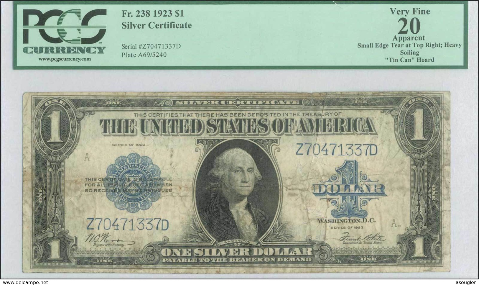 USA 1 DOLLAR $ 1923 SILVER CERTIFICATE PCGS VF-20 "free Shipping Via Registered Air Mail." - Certificats D'Argent (1878-1923)