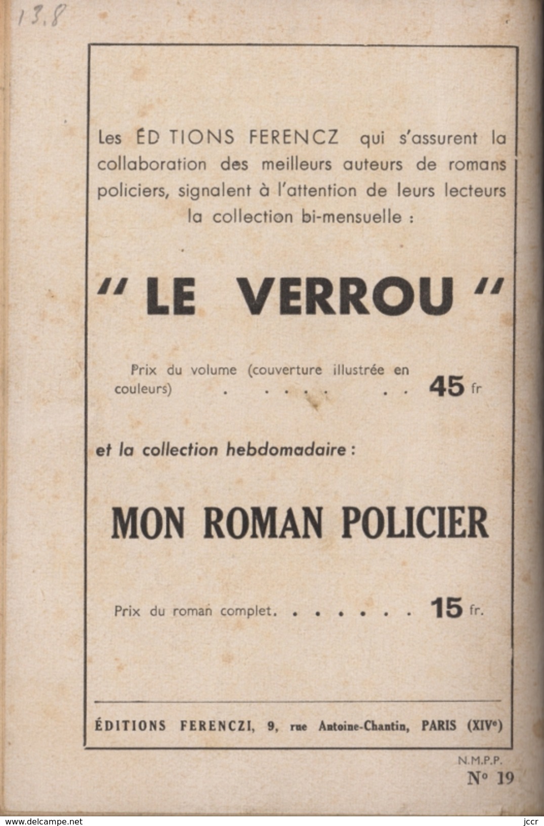 Police Et Mystère N°19 - Celui Qui Savait Par Willie Cobb - 1952 - Ferenczi