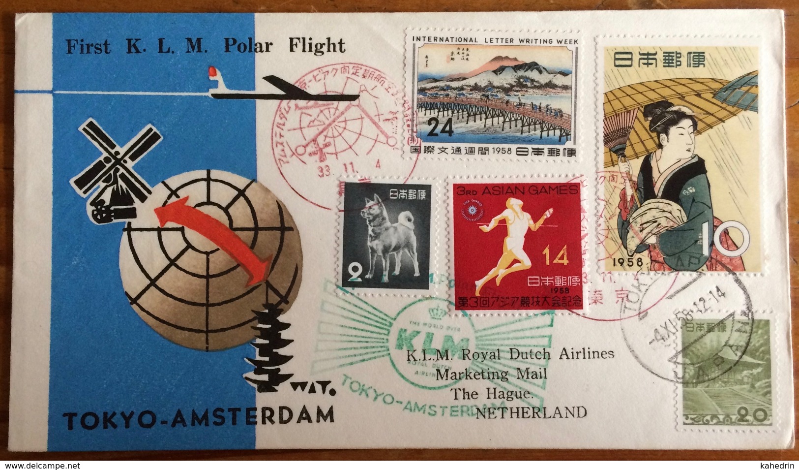 First K.L.M. Polar Flight TOKYO AMSTERDAM 1958, International Letter Writing Week - Omslagen