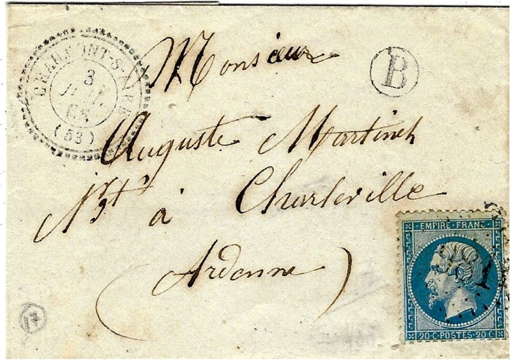 1866- Lettre De CHAUMONT-S-AIRE ( Meuse) Cad T22 Affr. N°22 Oblit. G C 981 + B Boite Rurale Non Identifiée - 1849-1876: Période Classique