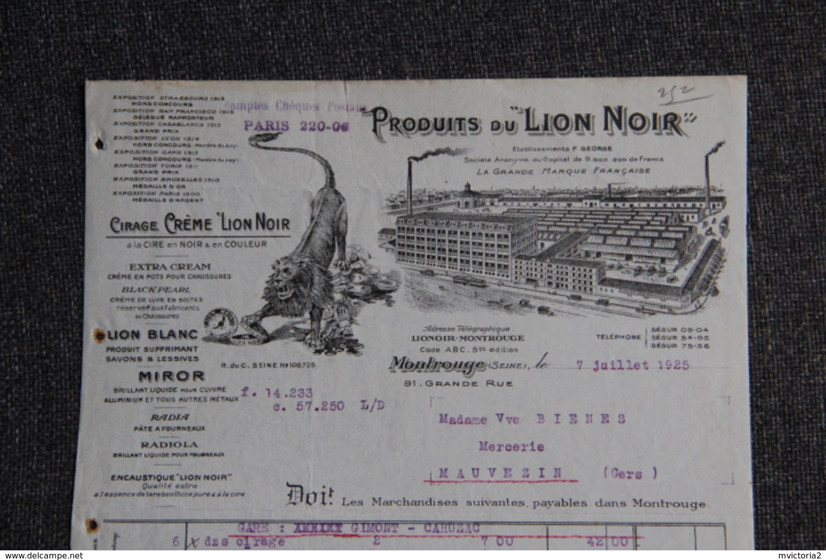 Facture Ancienne - MONTROUGE, Produits De LION NOIR, Cirage Crème " LION NOIR ". - 1900 – 1949