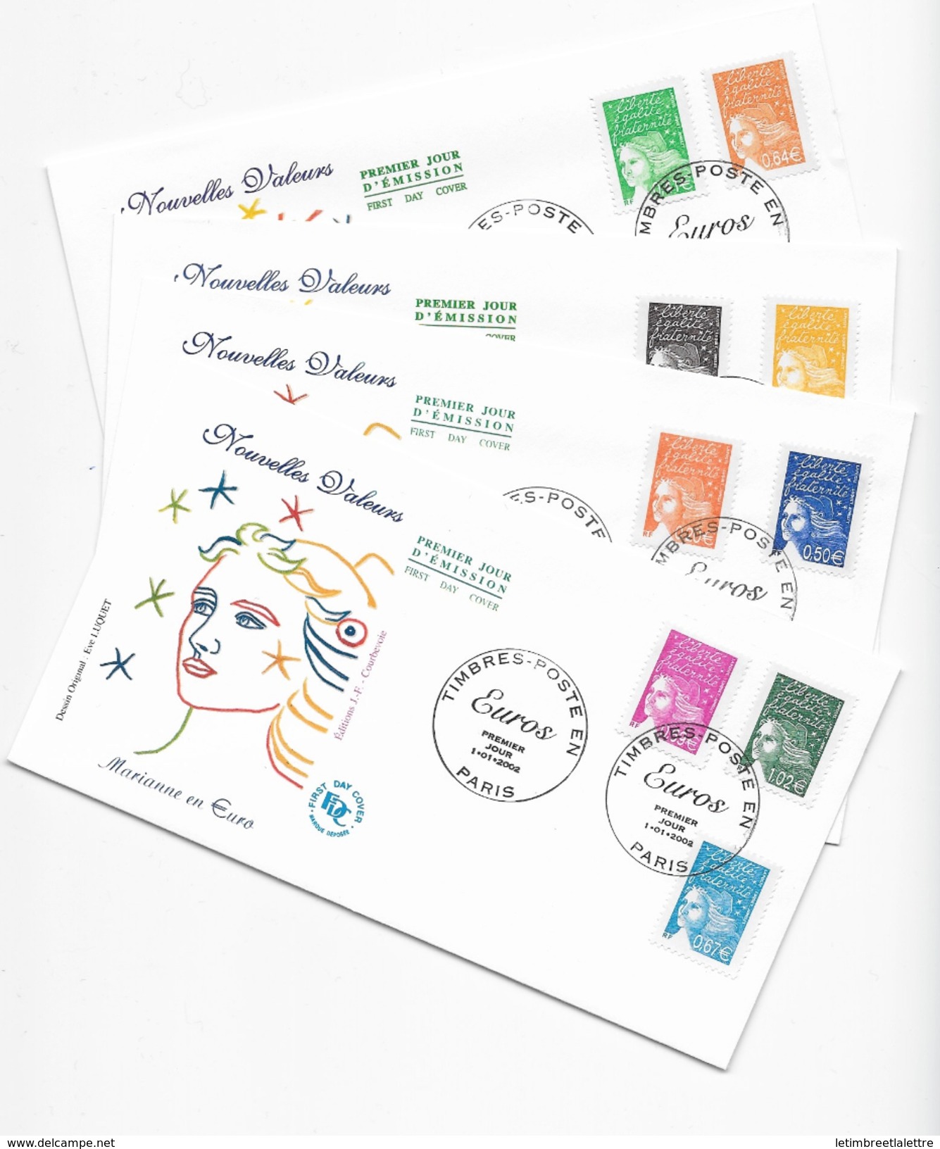 Enveloppes  1er Jour FDC 2001 4 Enveloppes Nouvelles Valeurs "Marianne Eu Euros" - 2000-2009