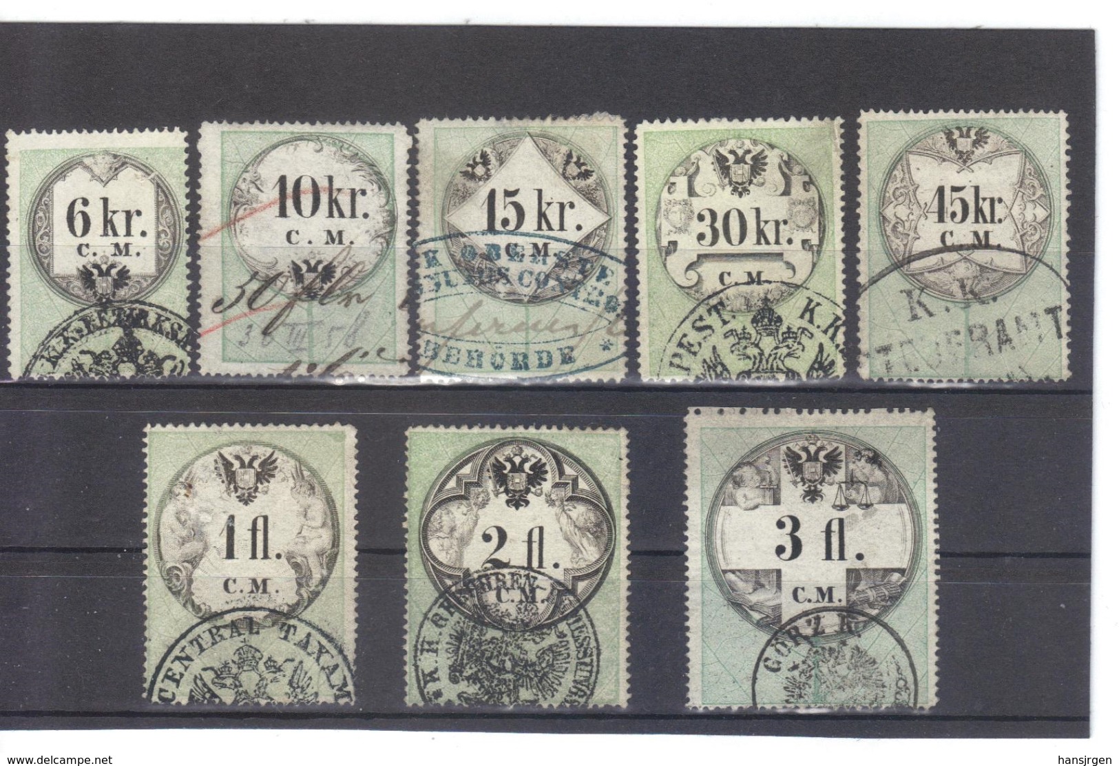 NEU694 LOT STEMPELMARKEN FISKALMARKEN ÖSTERREICH 1854 CM 6-10-15-30-45  KREUZER  Und 1+2+3  GULDEN ENTWERTET - Steuermarken