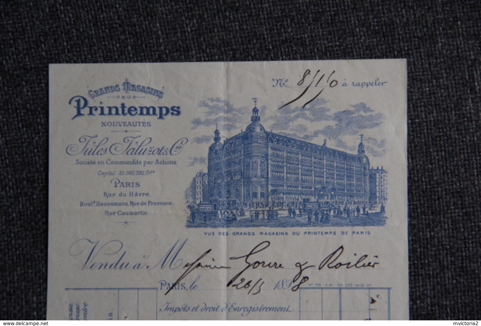 Petite Facture Ancienne - PARIS - Grands Magasins " PRINTEMPS". - 1800 – 1899