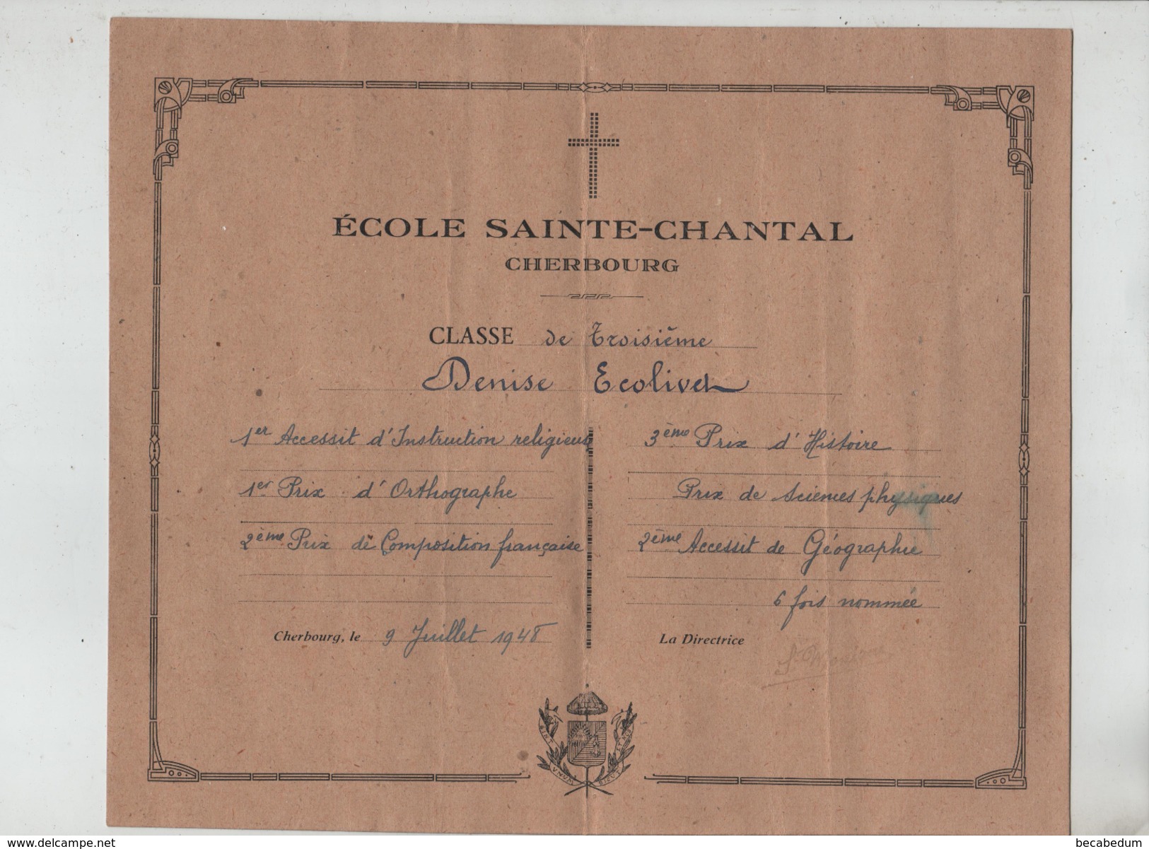 Ecole Sainte Chantal Cherbourg 1948 Diplôme Ecolivet - Diplômes & Bulletins Scolaires