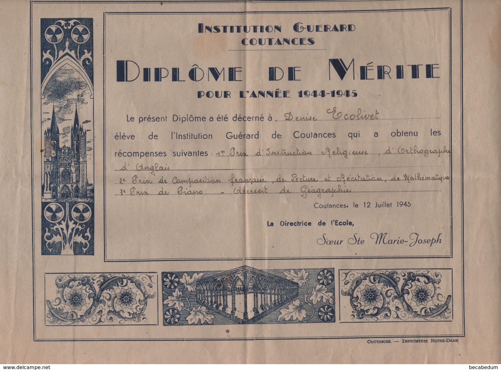 Institution Guérard Coutances Diplôme De Mérite 1944 1945 Soeur Marie Joseph  Ecolivet - Diplômes & Bulletins Scolaires