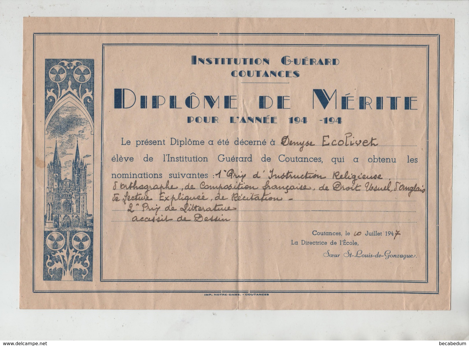 Institution Guérard Coutances Diplôme De Mérite 1947 Soeur St Louis De Gonzague - Diploma & School Reports