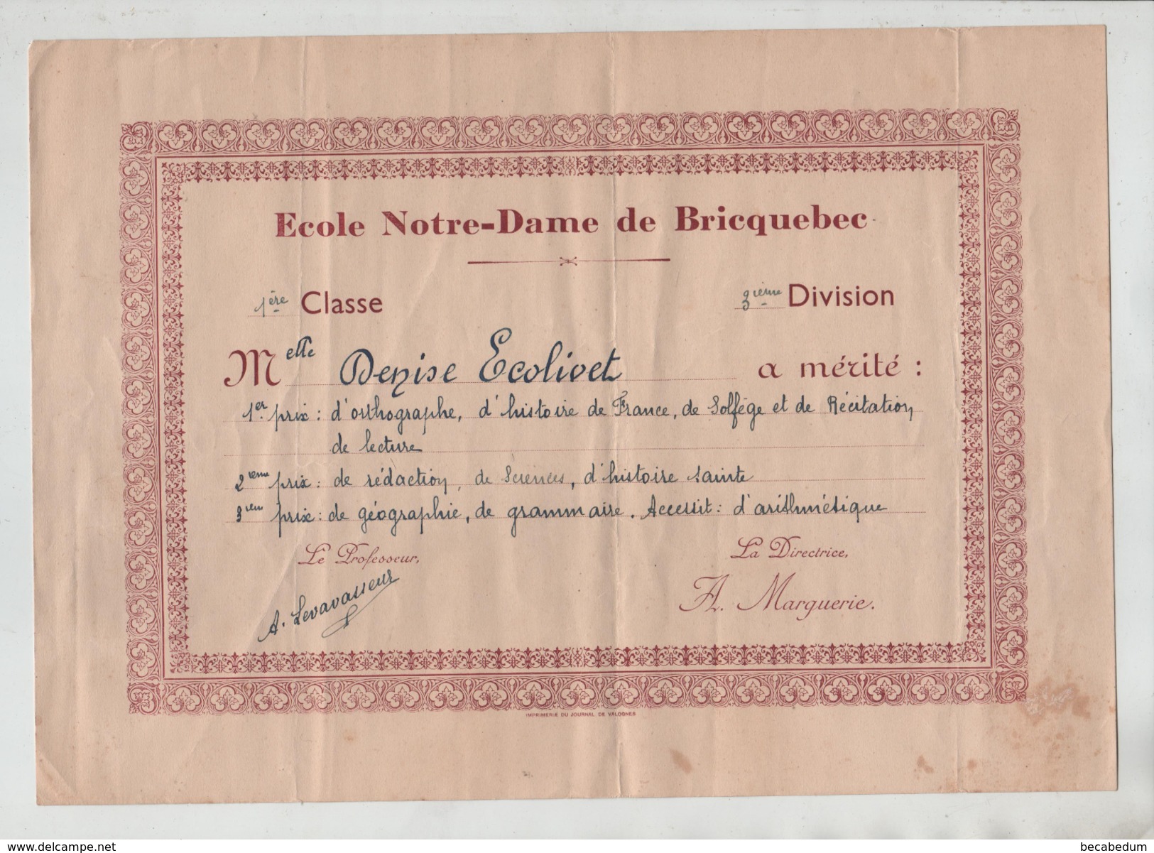 Ecole Notre Dame De Bricquebec Ecolivet Levavasseur Marguerie Années 40 - Diploma's En Schoolrapporten