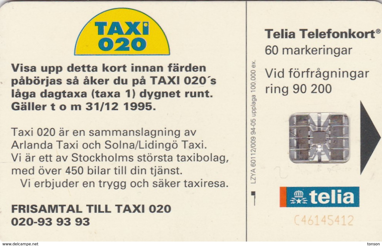 Sweden, 60.009, Taxi 020, 2 Scans.  CN : C46145412 - Schweden
