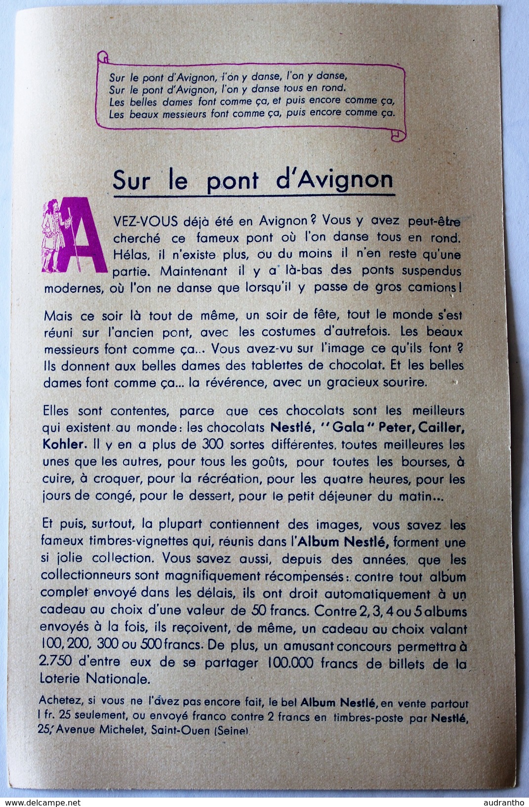 Carte à Colorier Publicité Chocolat Nestlé Peter Cailler Kohler Années 30 Sur Le Pont D´Avignon Océa Paris - Publicités