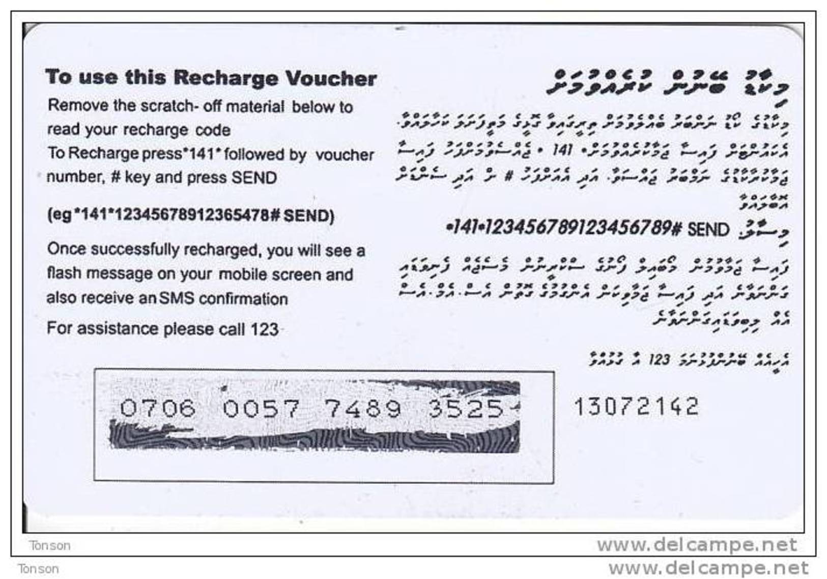 Maldives,  Pre-Paid Rf 100, Hands, 2 Scans - Maldives