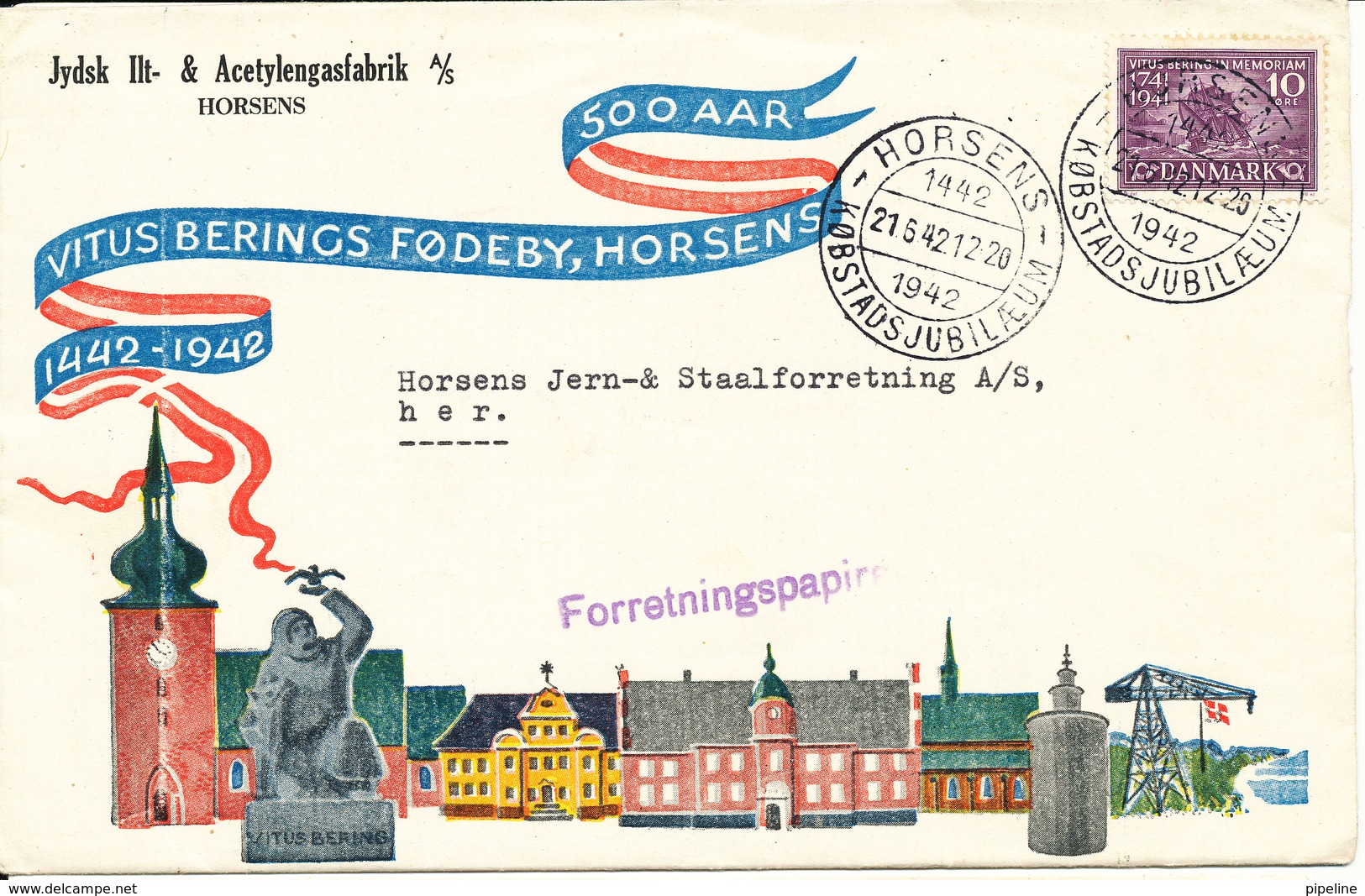 Denmark Special Cover Horsens The Birthplace Of Vitus Bering 500th Anniversary 21-6-1942 With Nice Cachet - Briefe U. Dokumente