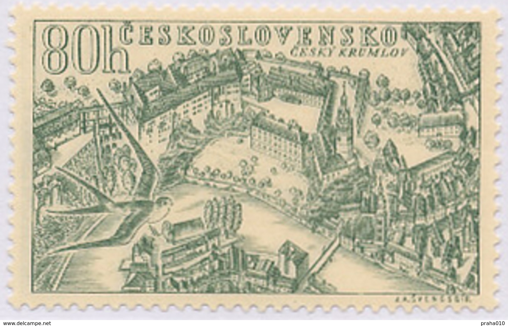 Czechoslovakia / Stamps (1955) L0037 (Air Mail Stamp): City Cesky Krumlov (castle, City); Painter: J. Svengsbir - Luchtpost