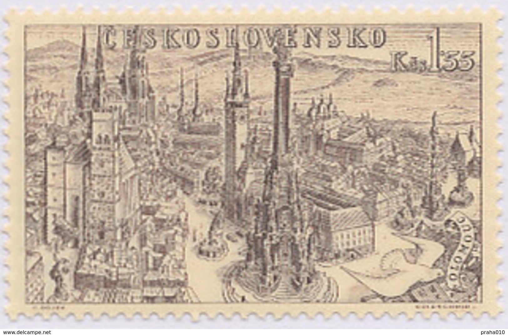 Czechoslovakia / Stamps (1955) L0038 (Air Mail Stamp): City Olomouc (city, Church, Astr. Clock); Painter: Cyril Bouda - Luchtpost