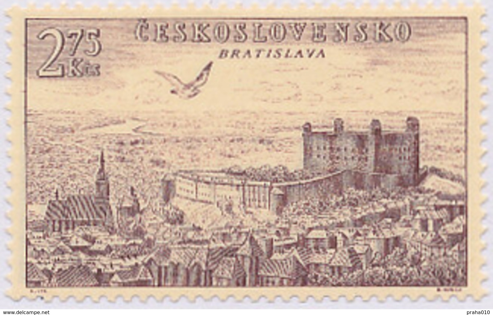 Czechoslovakia / Stamps (1955) L0040 (Air Mail Stamp): City Bratislava (castle, City, Church); Painter: Karel Vik - Posta Aerea