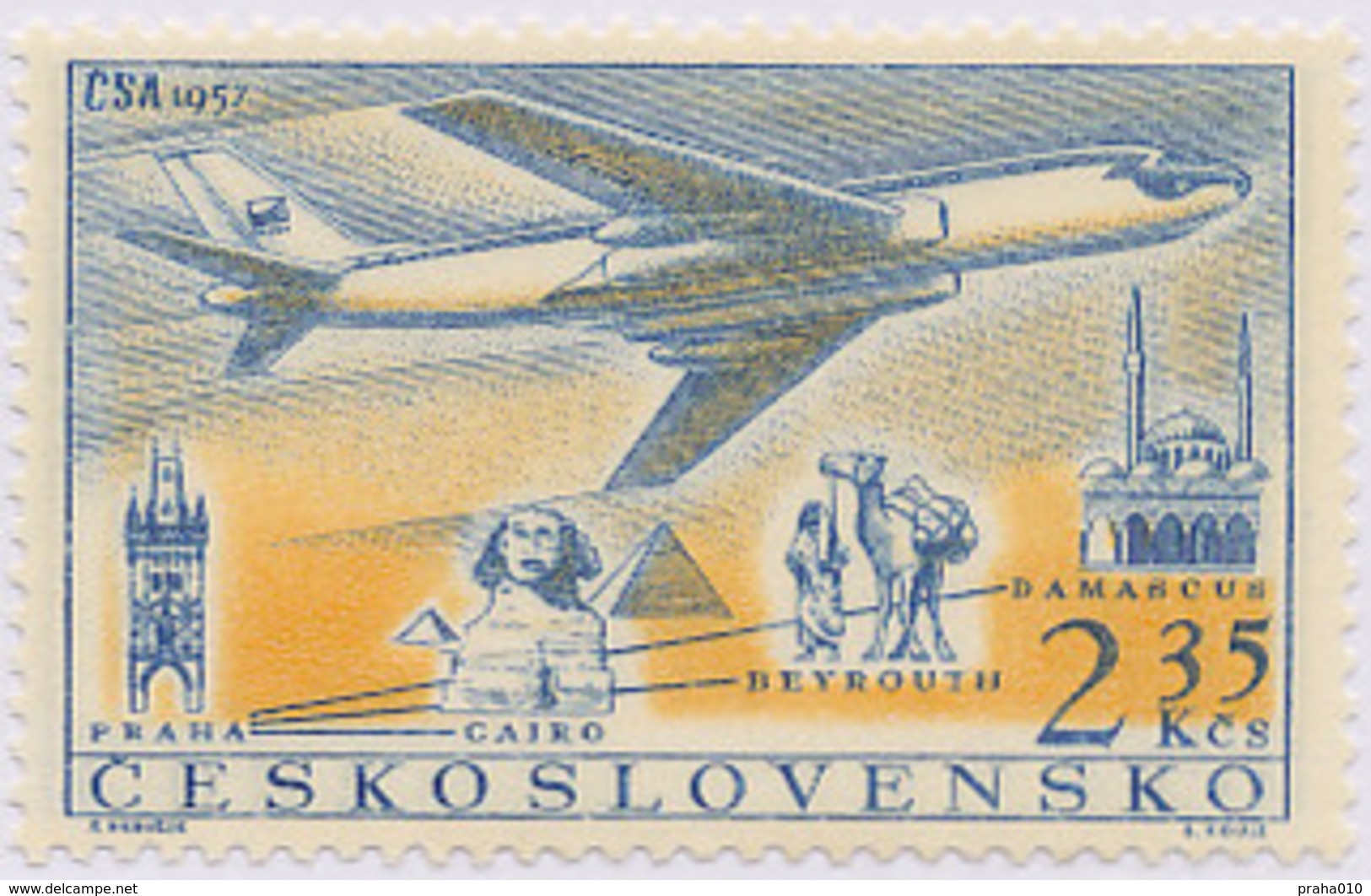 Czechoslovakia / Stamps (1957) L0043 (Air Mail Stamp): CSA 1957 (TU 104, Cairo, Beyrouth, Damascus); Painter: F. Hudecek - Luchtpost