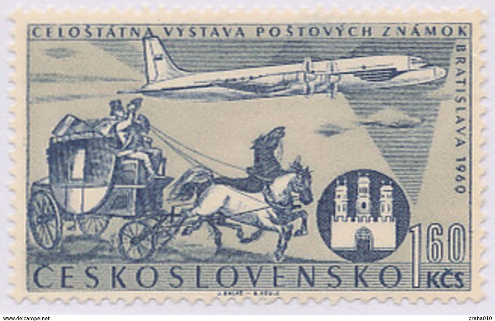 Czechoslovakia / Stamps (1960) L0046 (Air Mail Stamp): Stamp Exhibition Bratislava 1960; Painter: J. Balaz - Kutschen