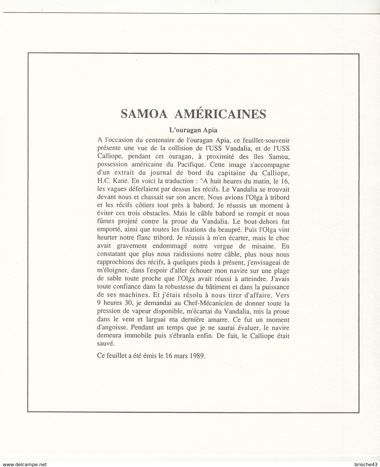 SAMOA AMERICAINES - BLOC 1989 MNH** - APIA HURRICANE 1989 WORLD STAMP EXPO 89 - DOCUMENT DE LA POSTE - American Samoa