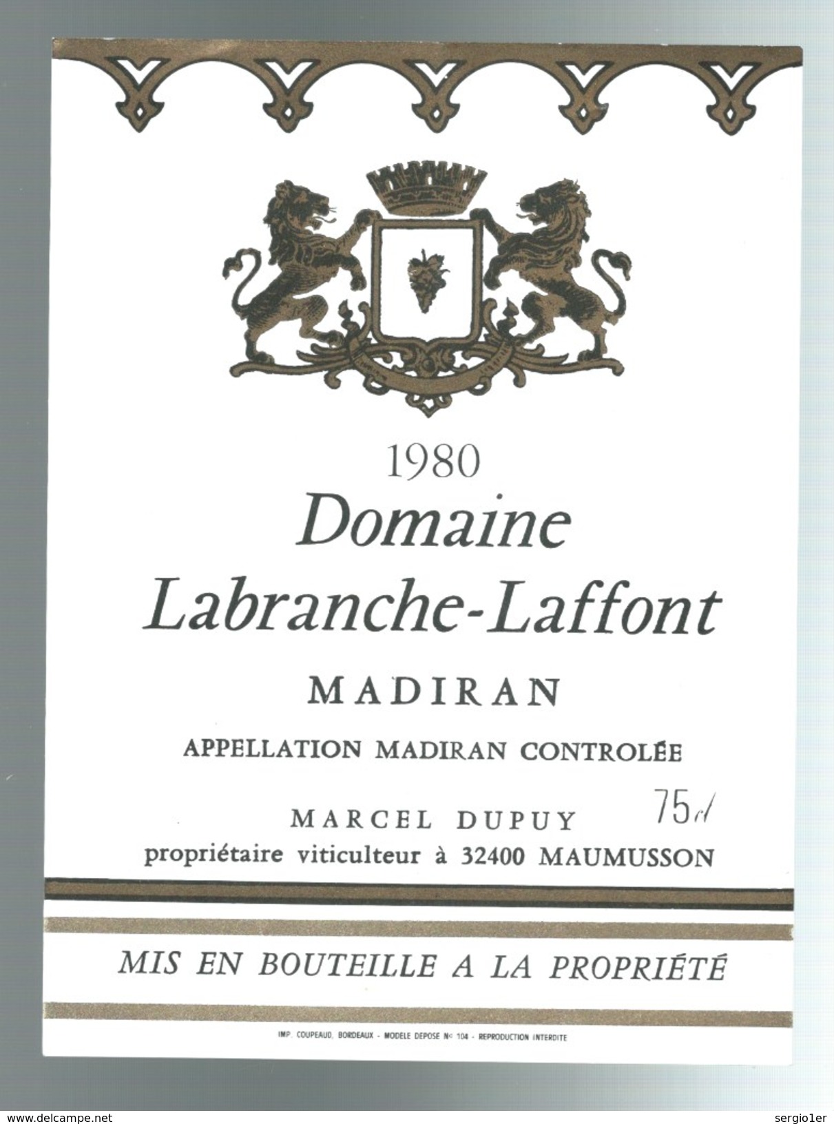 étiquette Vin  Domaine Labranche-laffont Madiran 1980  Marcel Dupuy Propriétaire Maumusson 32 - Madiran