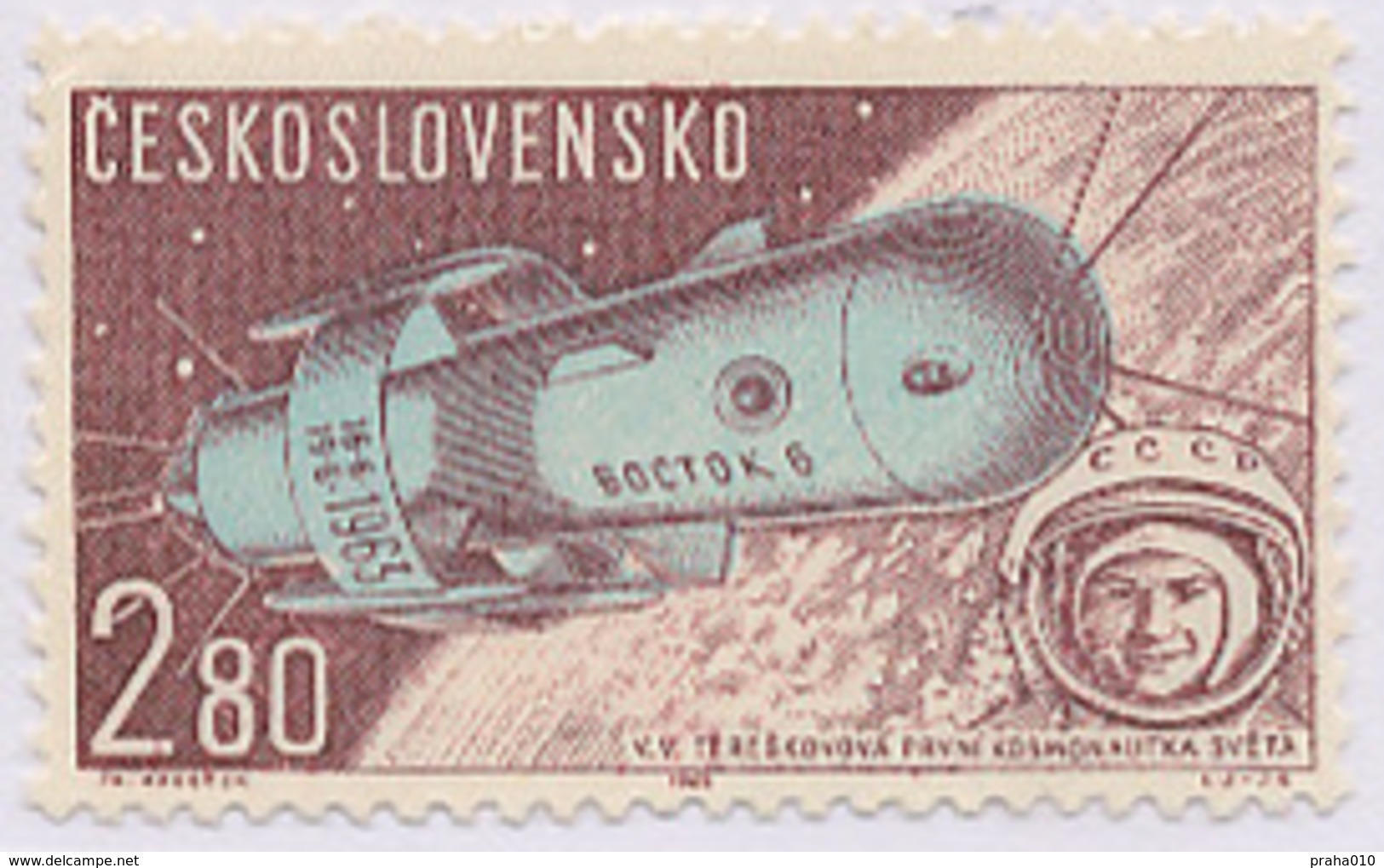 Czechoslovakia / Stamps (1963) L0055 (Air Mail Stamp): Vostok 6, Valentina Tereshkova (1937); Painter: F. Hudecek - Luchtpost