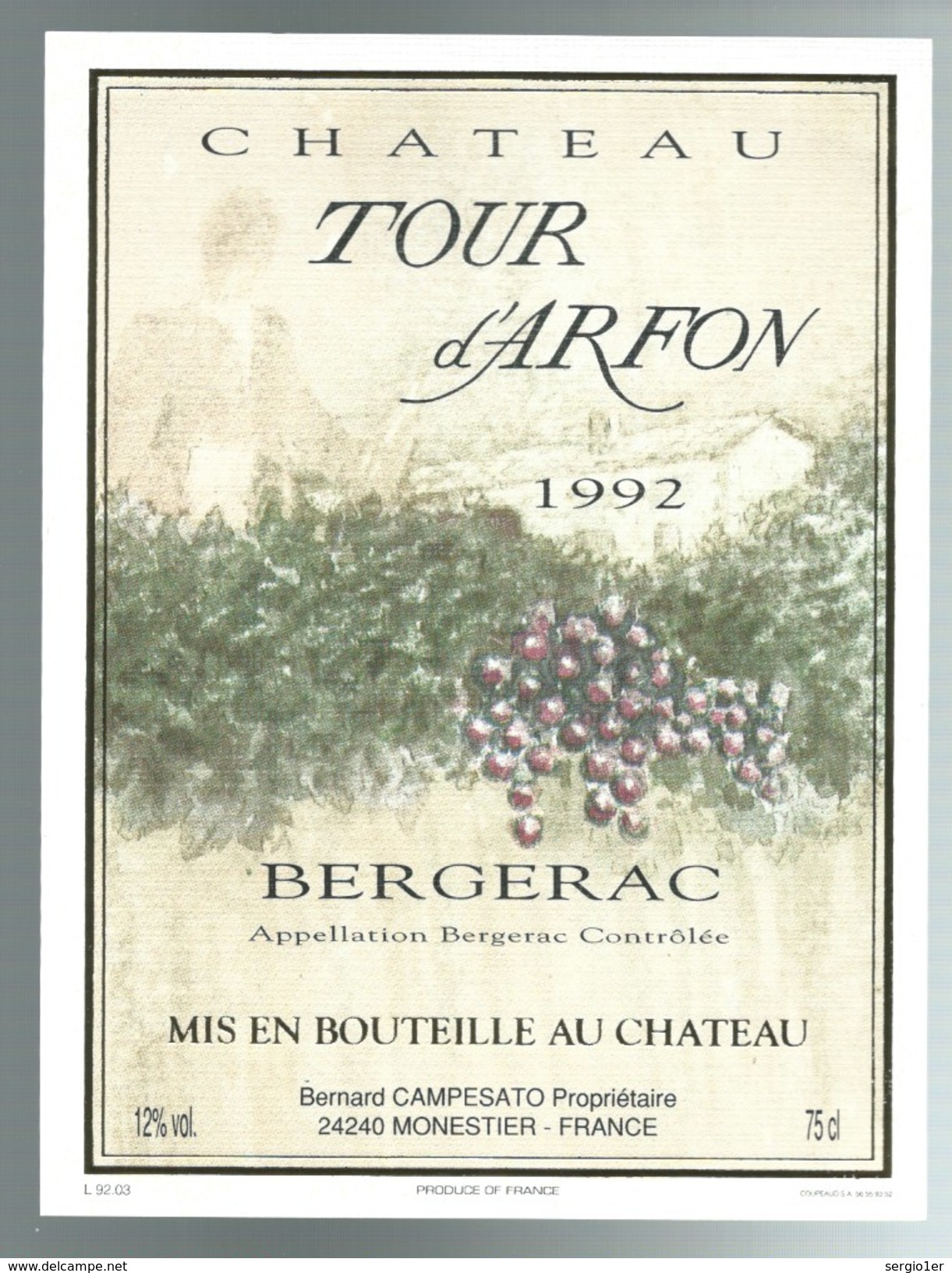 étiquette Vin  Chteau Tour D'argon 1992 Bergerac - Bergerac