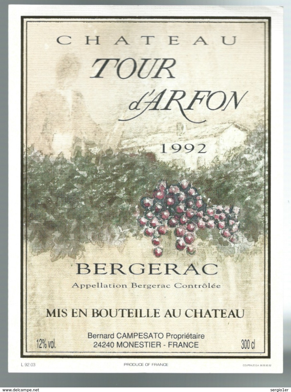 étiquette Vin  Chateau Tour D'argon 1992 Bergerac  3litres Jéroboam Ou Double Magnum - Bergerac