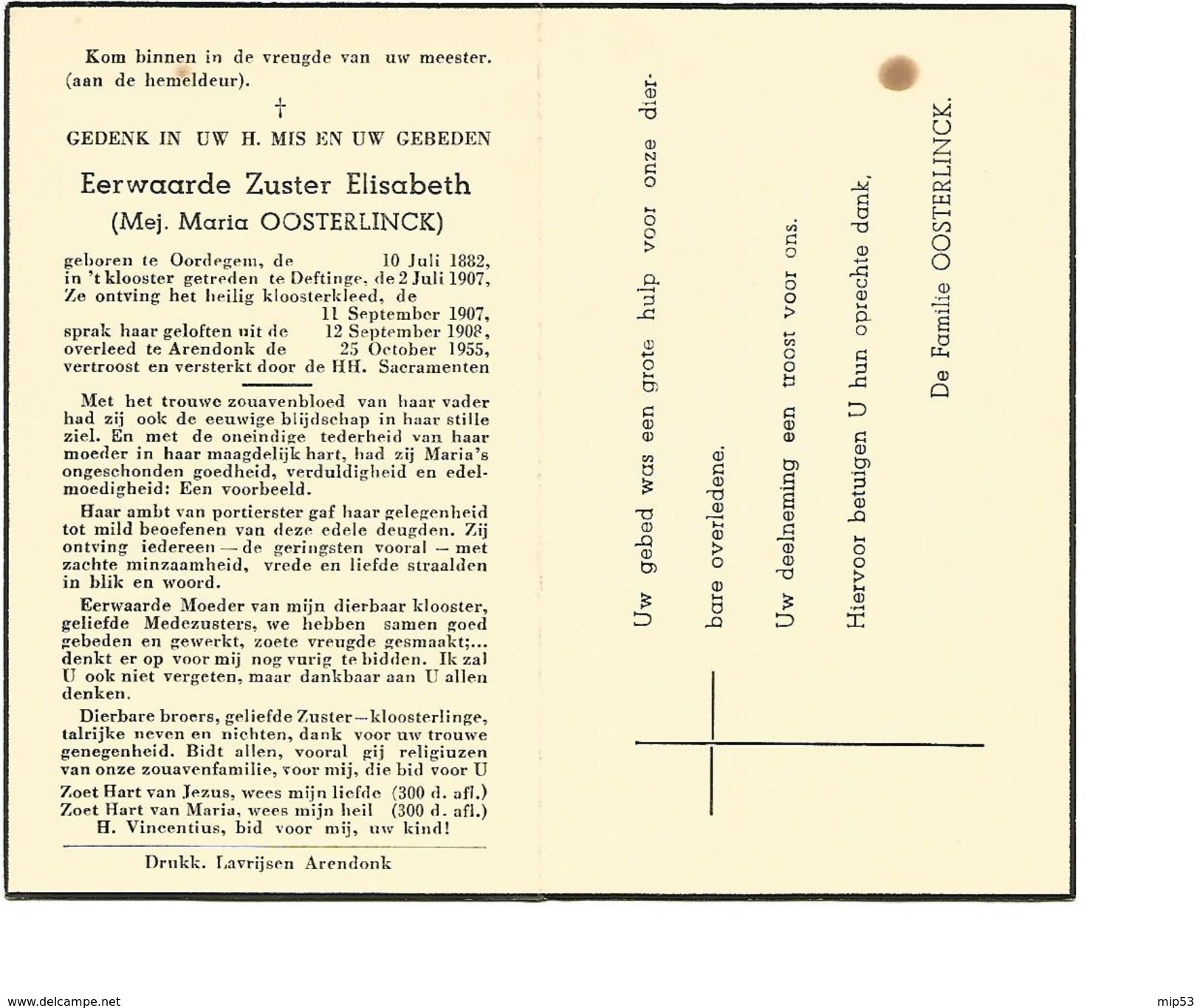 Z 80. E. Zuster Elisabeth - Maria Oosterlinck - °OORDEGEM 1882 /DEFTINGE / +ARENDONCK 1955 - Images Religieuses