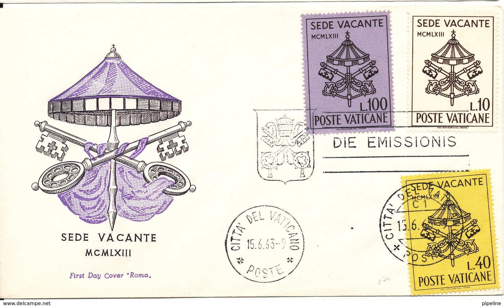 Vatican FDC 15-6-1963 Sede Vacante Complete Set Of 3 With Cachet - FDC