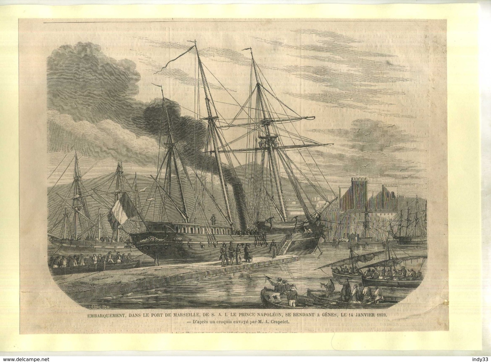 FRANCE 13 . EMBARQUEMEMENT DANS LE PORT DE LMARSEILLE DE S.A GRAVURE SUR BOIS DU XIXe S. DECOUPEE ET COLLEE SUR PAPIER . - Maritime Dekoration