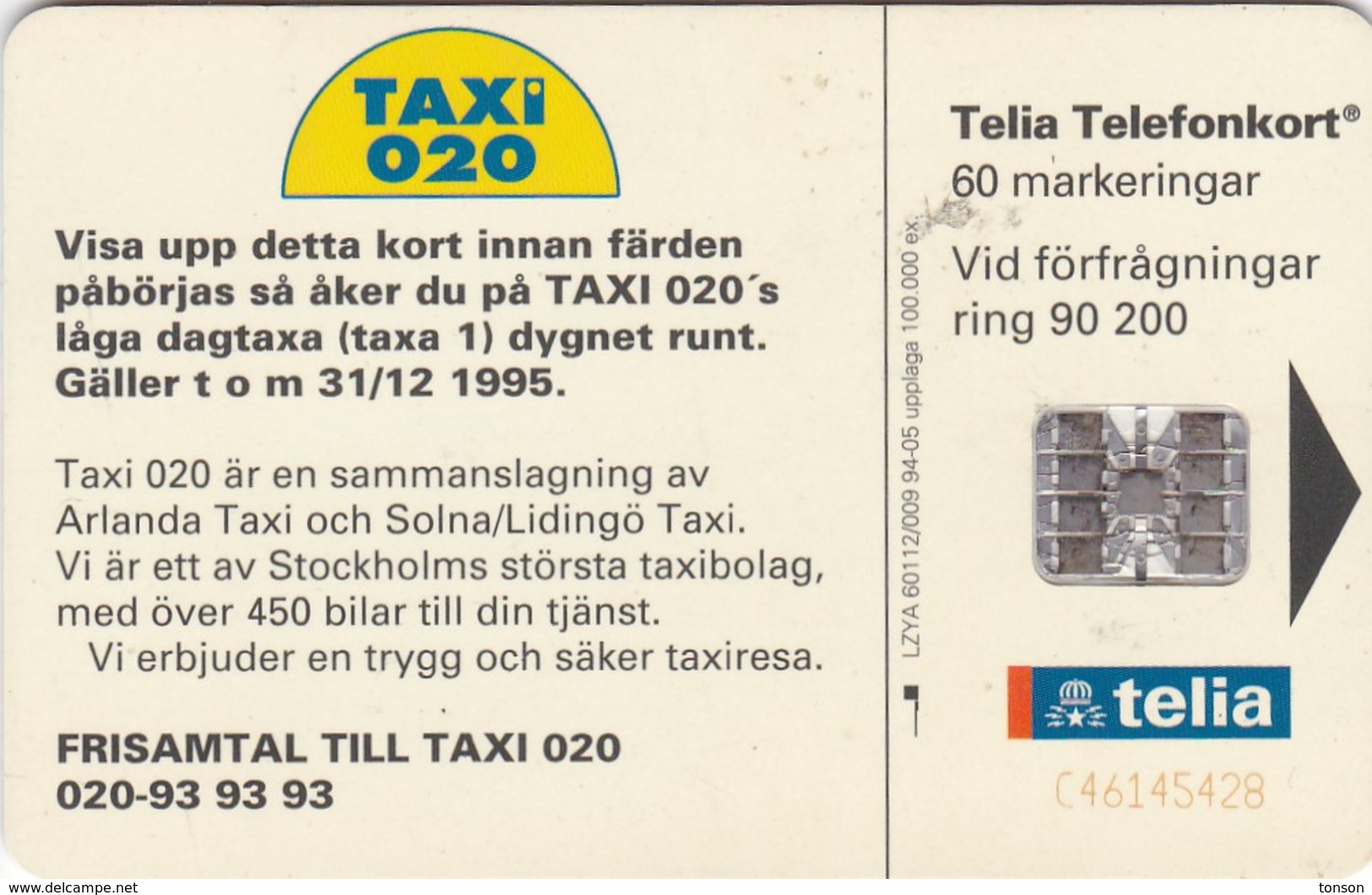 Sweden, 60.009, Taxi 020, 2 Scans.  CN : C46145428 - Schweden