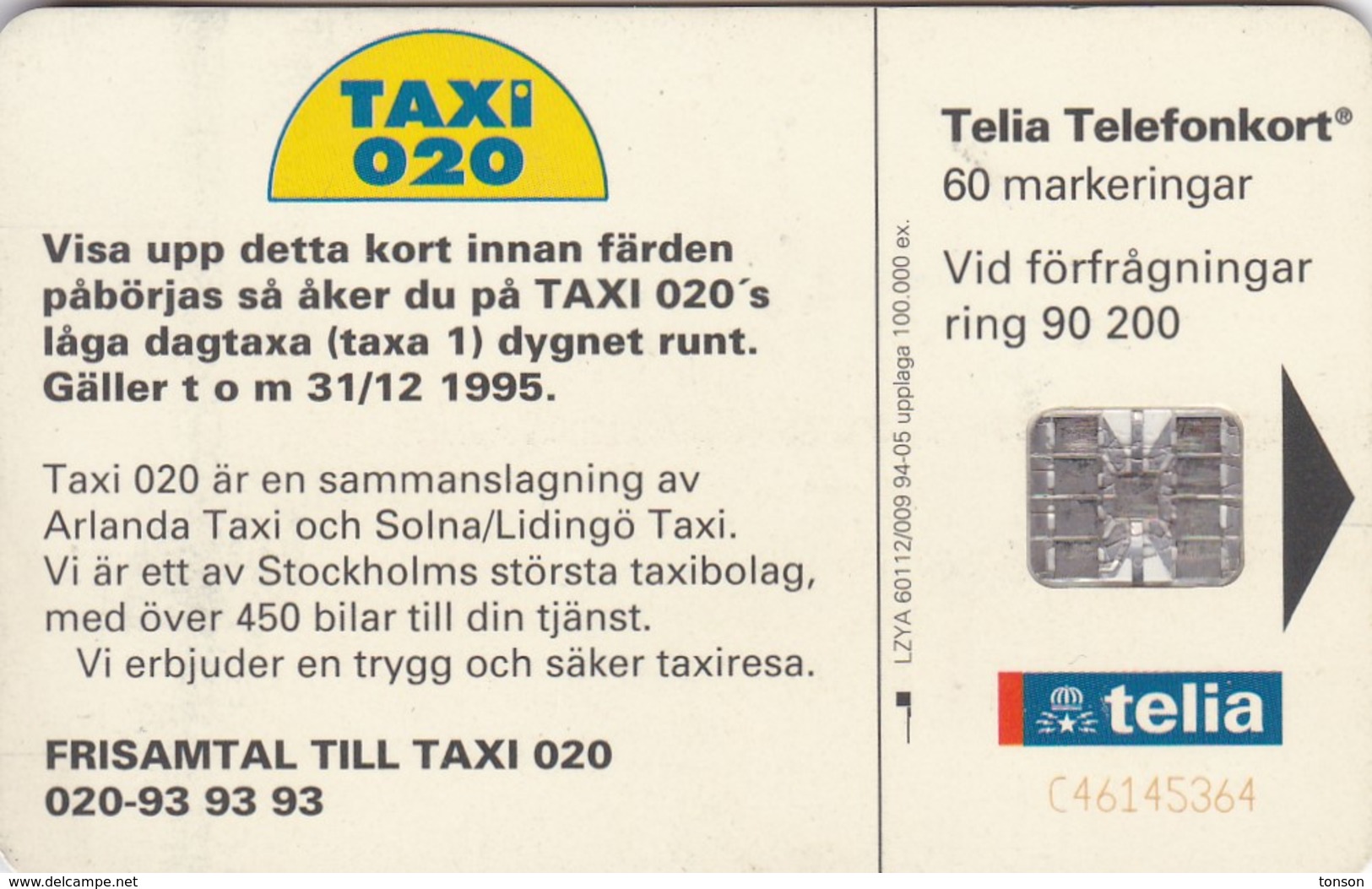 Sweden, 60.009, Taxi 020, 2 Scans.  CN : C46145364 - Schweden