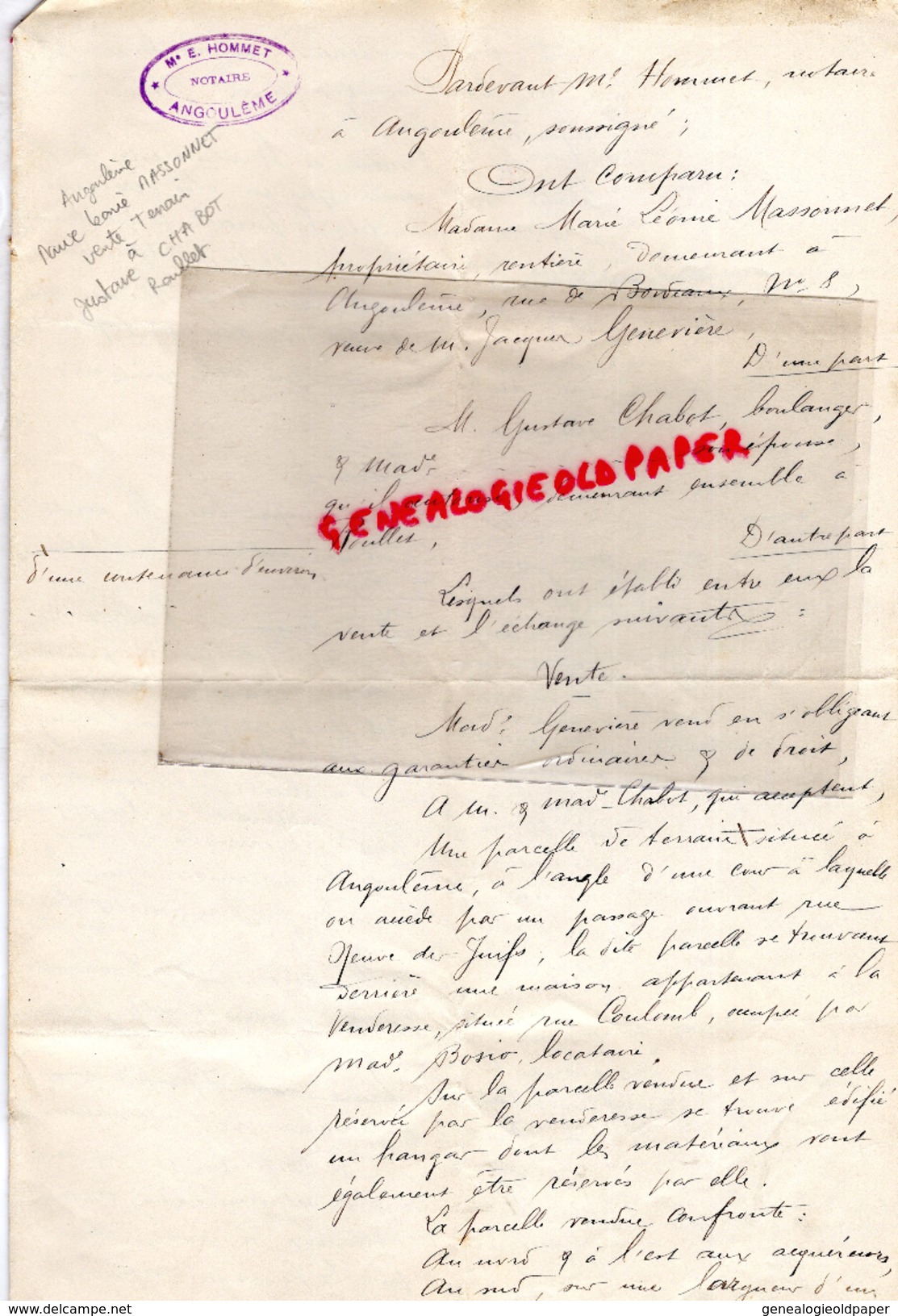 16 - ROULLET- LEONIE MASSONNET A GUSTAVE CHABOT -BOULANGER- VENTE TERRAIN A ANGOULEME RUE DES JUIFS- RUE COULOMB- - Documents Historiques