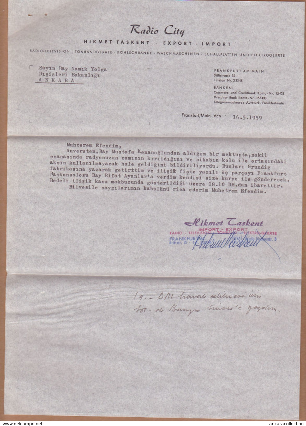 AC - RADIO CITY INVOICE 14.05.1959 SIEMENS MESSTECHNIK LEITUNGSPRUFER TASCHNOHMMETER  NAMIK YOLGA TURKISH SCHINDLER - 1950 - ...