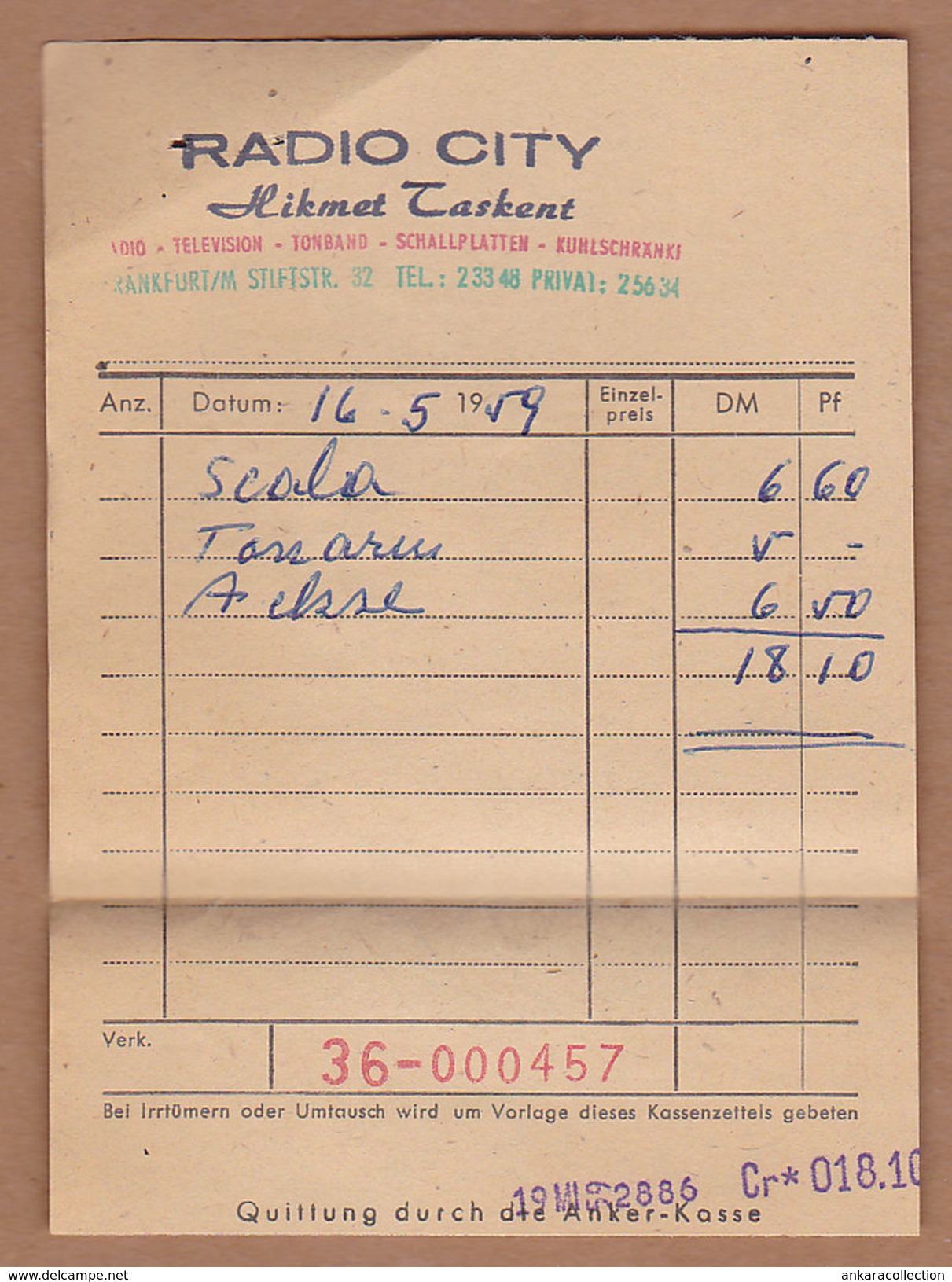 AC - RADIO CITY INVOICE 14.05.1959 SIEMENS MESSTECHNIK LEITUNGSPRUFER TASCHNOHMMETER  NAMIK YOLGA TURKISH SCHINDLER - 1950 - ...