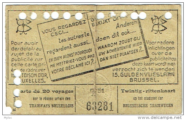 Carte  Tram/Tramways Bruxellois. 20 Voyages. 1946. - Europe