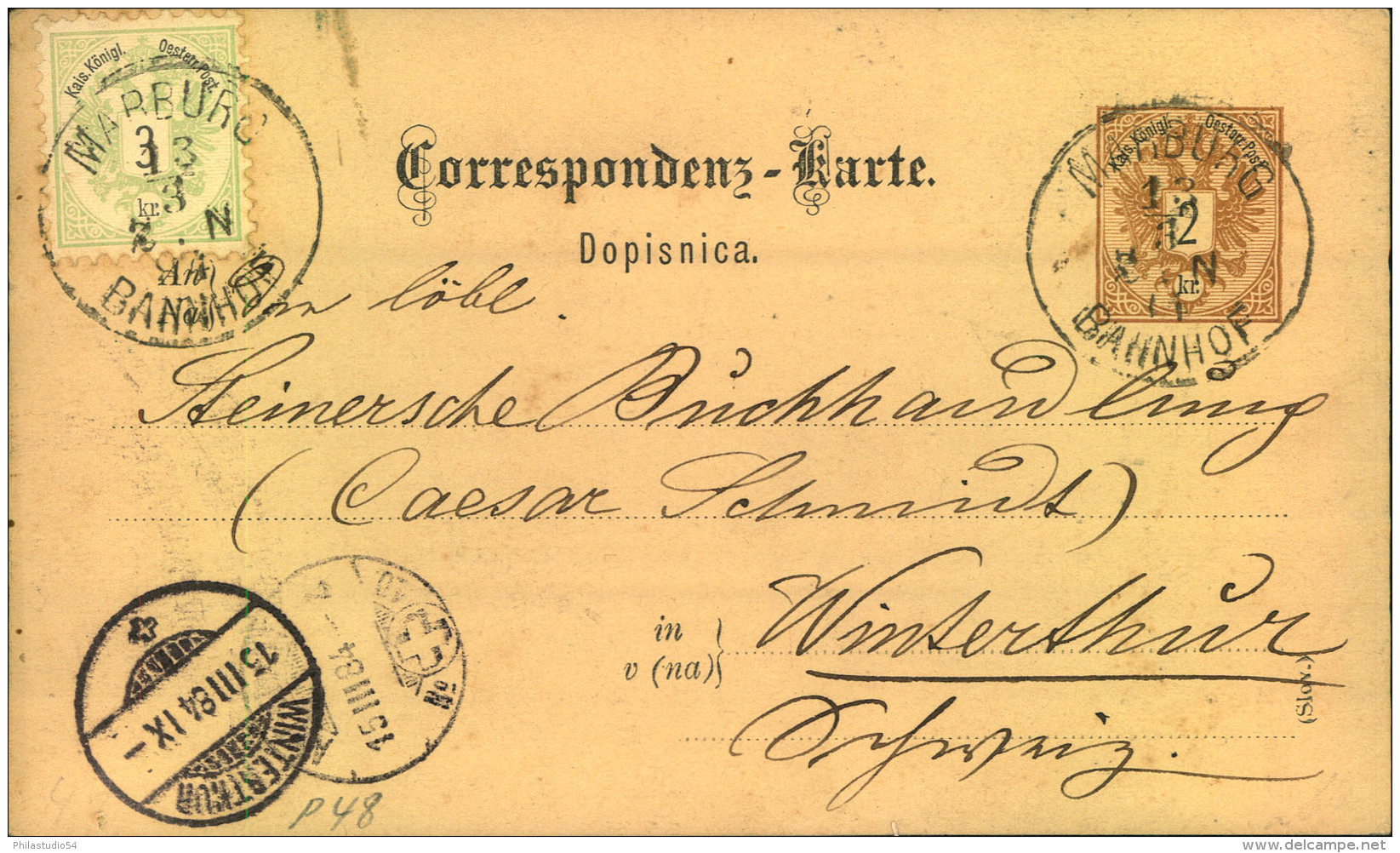 1884, 2 Kr. Wappenkarte (Slovenisch) Mit Zusatzfrankatur Ab MARBURG In Die Schweiz. - Sonstige & Ohne Zuordnung