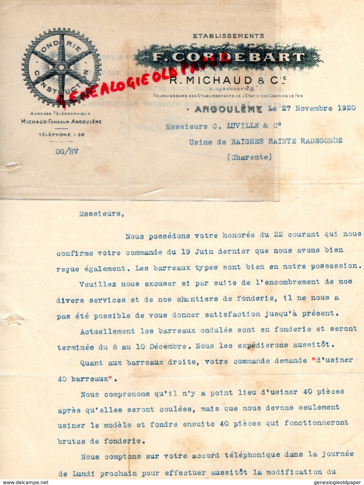 16 - ANGOULEME - FACTURE F. CORDEBART- R. MICHAUD- FONDERIE FONDEUR- 1920 - Petits Métiers