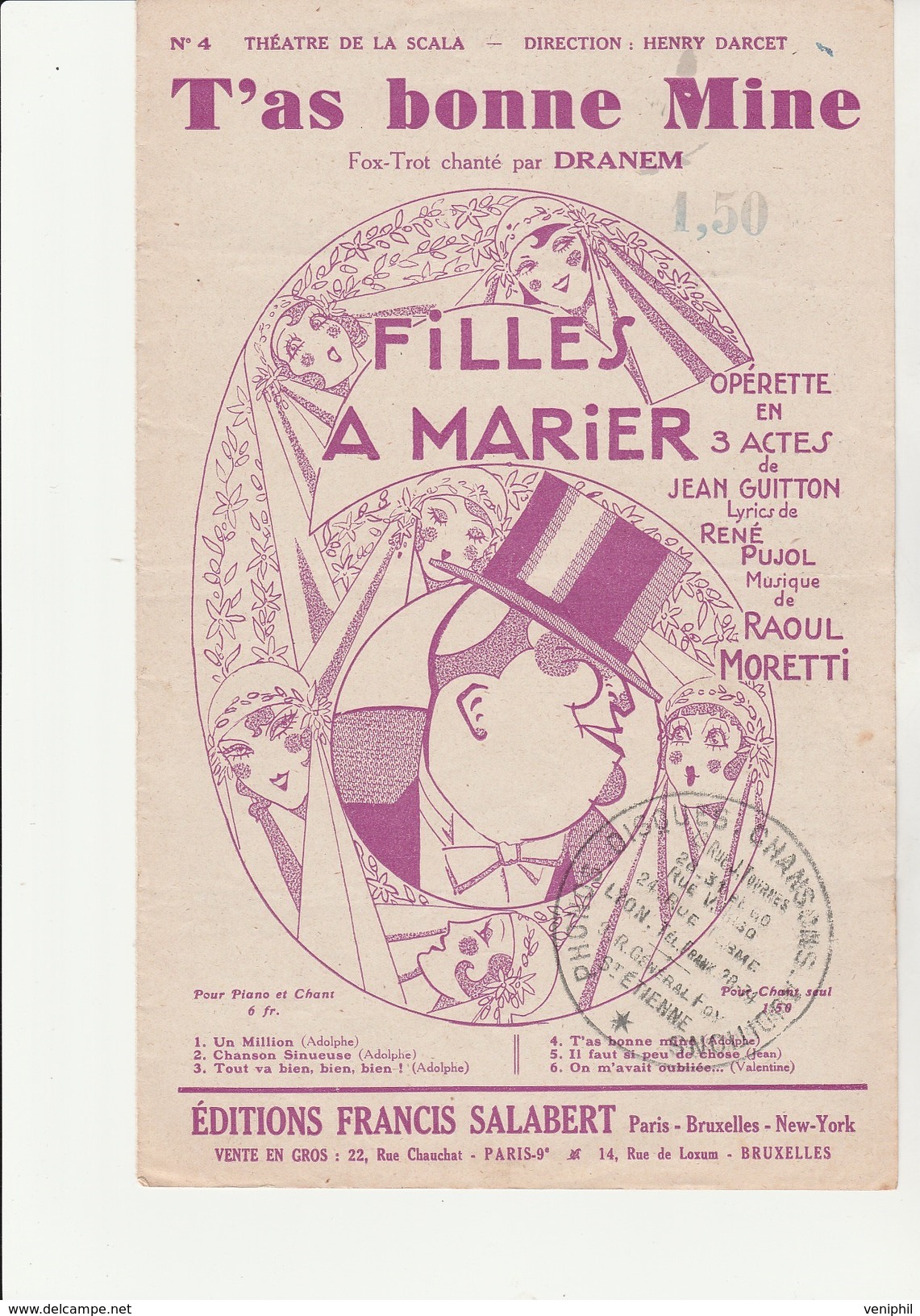 PARTITION - T'AS BONNE MINE -FOX -TROT CHANTE PAR DRANEM-  FILLES A MARIER -OPERETTE EN 3 ACTES - - Partitions Musicales Anciennes