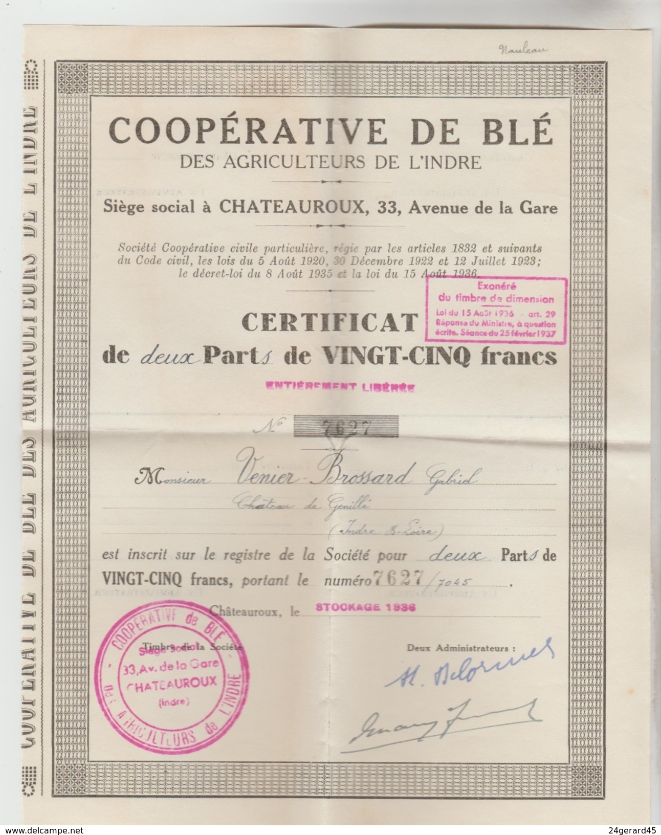 ACTION COOPERATIVE DE BLE AGRICULTEURS DE L'INDRE N°7627 + CARTE SYNDIQUE (vierge) - A - C