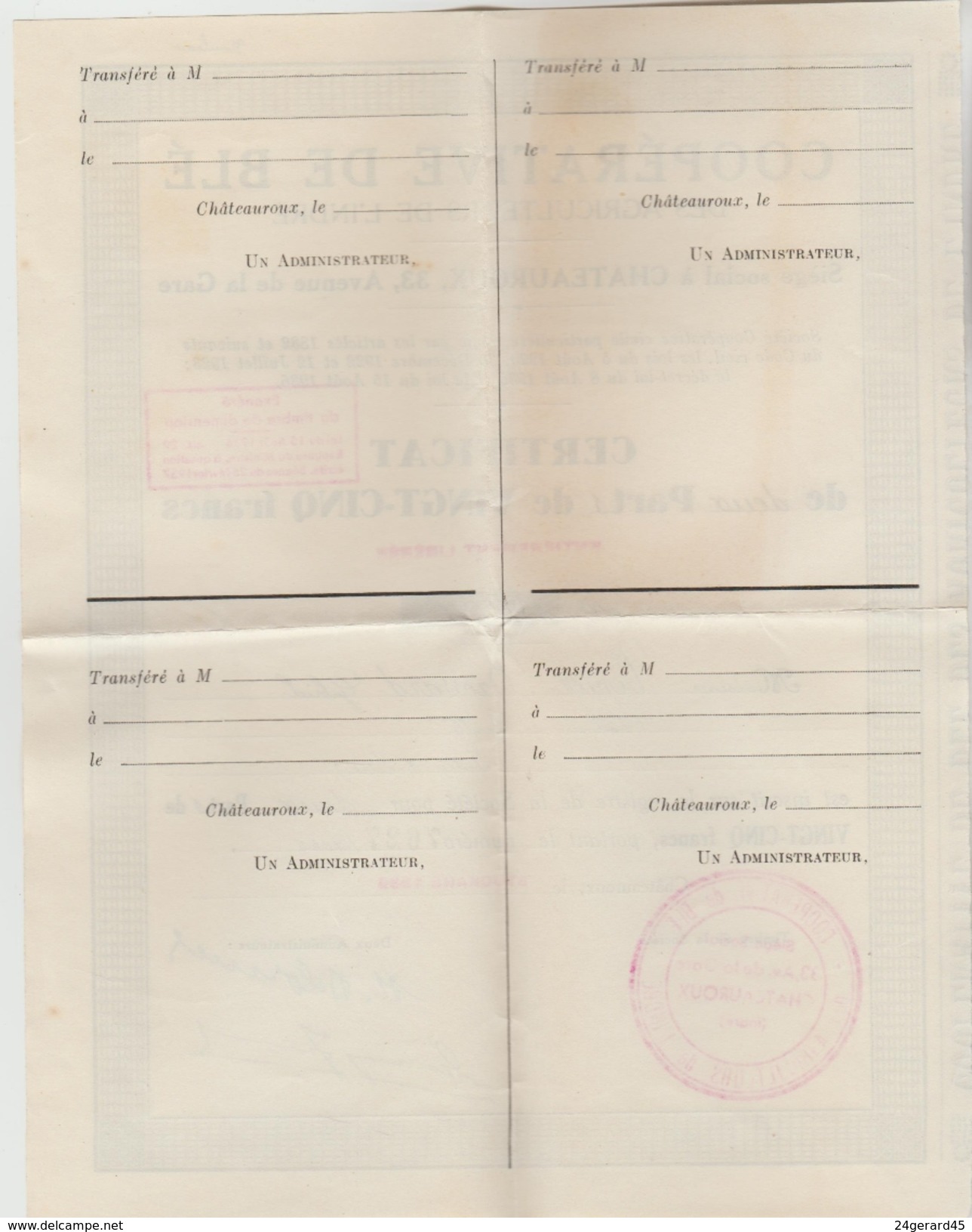 ACTION COOPERATIVE DE BLE AGRICULTEURS DE L'INDRE N°7627 + CARTE SYNDIQUE (vierge) - A - C