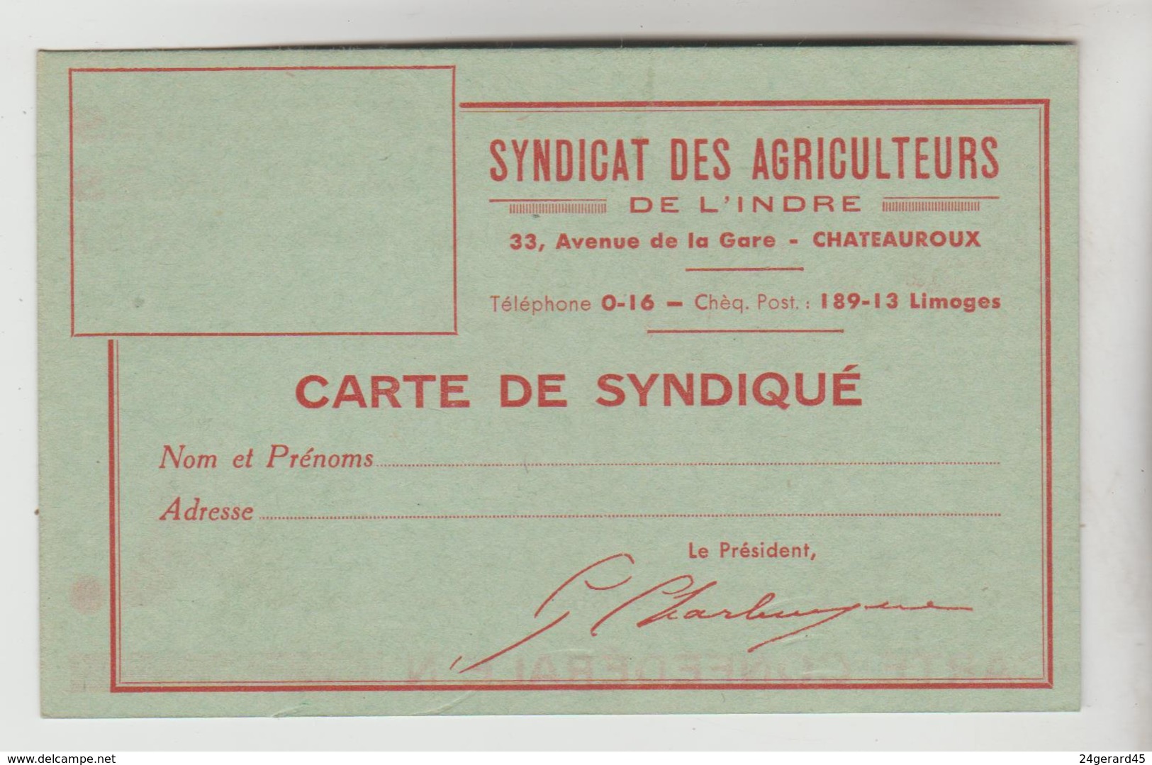 ACTION COOPERATIVE DE BLE AGRICULTEURS DE L'INDRE N°7627 + CARTE SYNDIQUE (vierge) - A - C