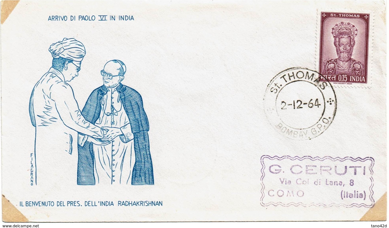 LBON12 - INDE FDC VISITE DU PAPE PAUL VI EN INDE OBL. ST THOMAS BOMBAY 2/12/1964 VOYAGEE - Lettres & Documents