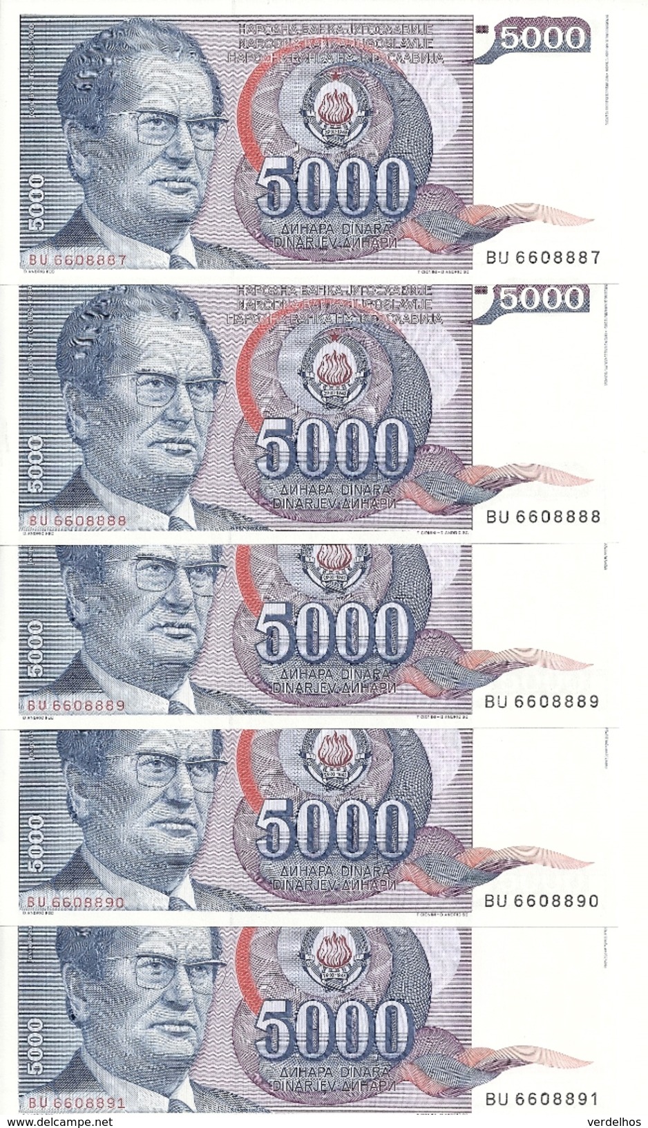 YOUGOSLAVIE 5000 DINARA 1985 UNC P 93 ( 5 Billets ) - Yougoslavie