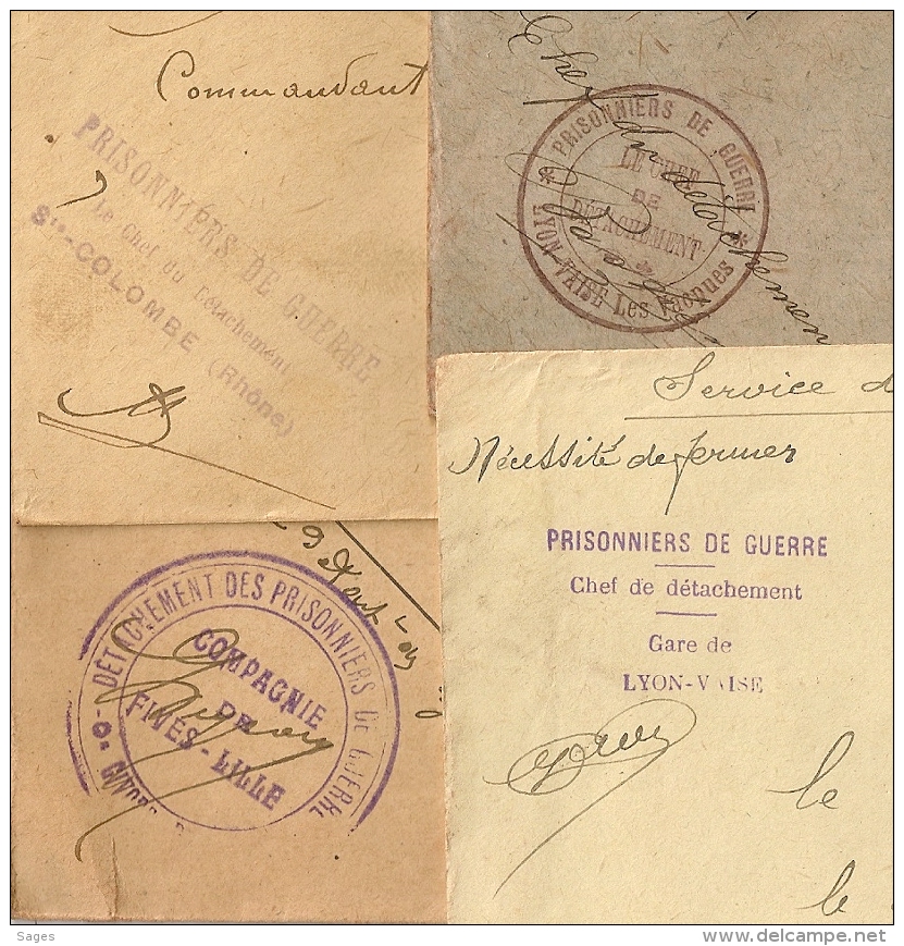 Rhone , Prisonniers De Guerre  Sur 4 Enveloppes. GIVORS, ST COLOMBE, GARE De LYON VAISE Et Les Vacques. - Collections